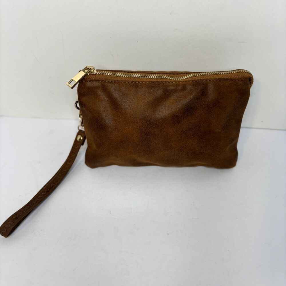 Caroline Hill Wristlet Clutch Brown Suede-Like Gold Zipper Removable Strap